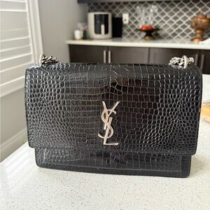 Yves Saint Laurent Black Crocodile Embossed Crossbody Bag